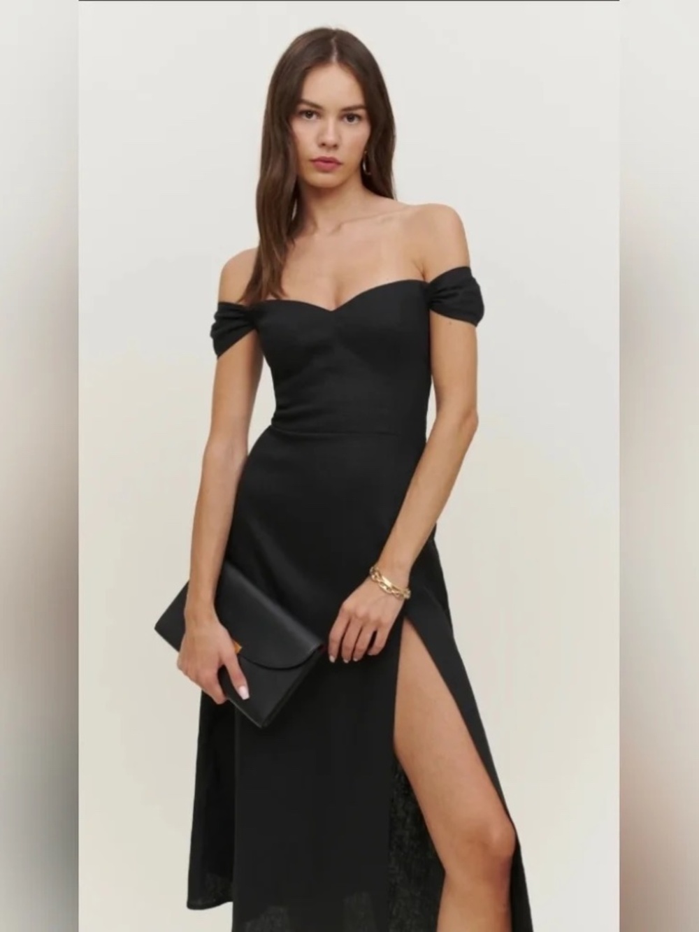 Reformation Black Bridgton Linen Off the Shoulder Midi Dress - Size 4